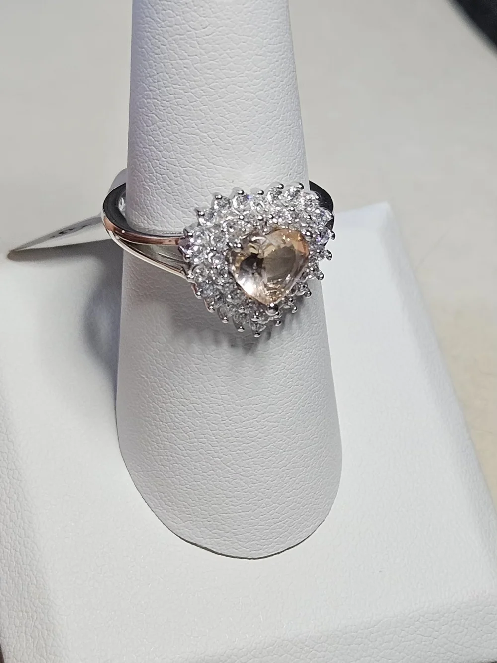 Stunning Heart Halo Ring with Champagne Center Stone - Sterling Silver